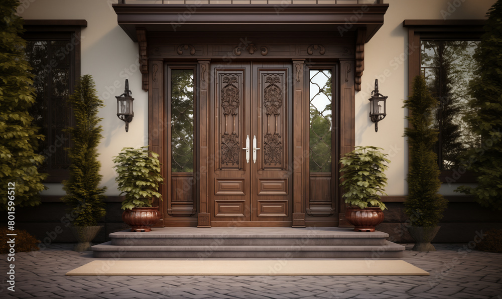 Obraz premium Classic entrance door in a house, vintage wooden front door, generated ai