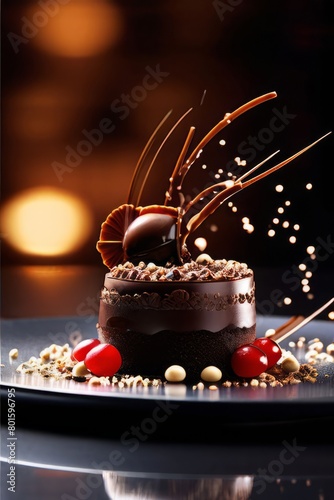 Decadent slice of chocolate cake topped with luscious cherries, drizzled with rich chocolate sauce. For dessert recipes, cafe, restaurant menu, culinary book, recipe website, culinary blog.