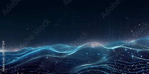Abstract digital landscape of glowing particle waves and digital data flow