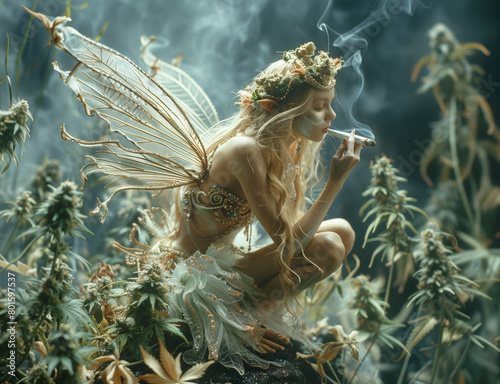 Fairy smokes weed sitting on top of cannabis blossoms, fantasy scene