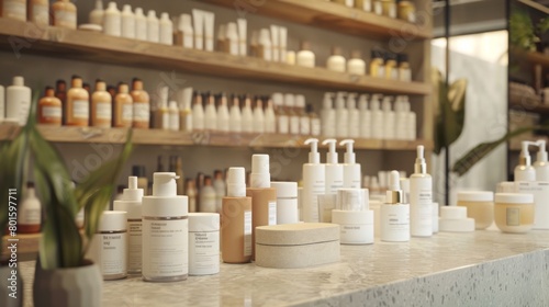 An assortment of beauty and skincare products neatly arrayed on a shop counter, indicating a modern boutique.