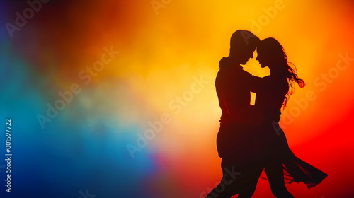 Silhouetted Couple Dancing Under Colorful Lights. A silhouette of a romantic couple dancing passionately under a vibrant, multicolored light backdrop.
