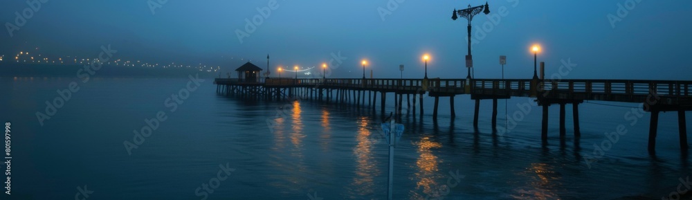 A pier with lights on it at night. Generative AI.