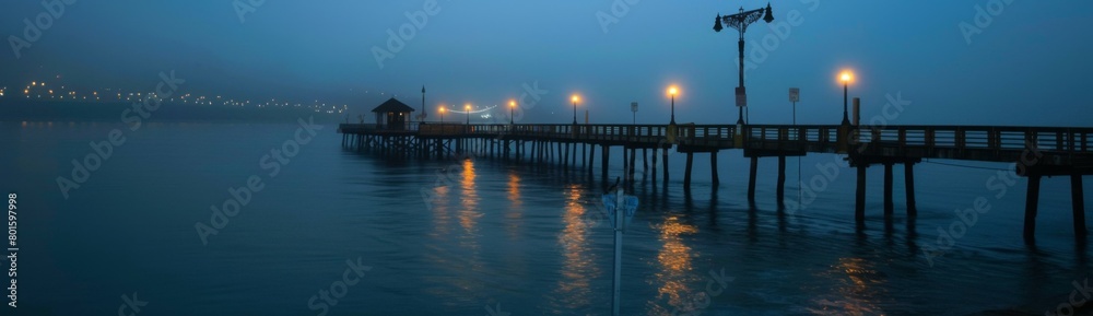A pier with lights on it at night. Generative AI. A pier with lights on it at night. Generative AI.