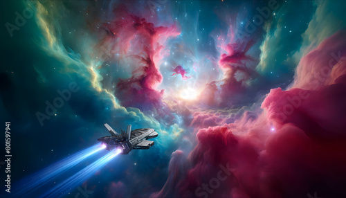 A deep space exploration ship entering a brightly colored nebula