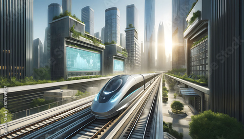A high-speed train powered by clean energy, whizzing through a smart city. photo