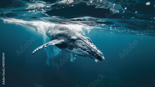 Baby humpback whale plays near the surface in blue water  copy and text space  16 9 