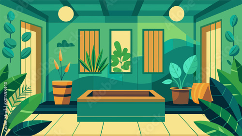 Vibrant green plants and soothing artwork adorning the walls of the sauna creating a tranquil and natural environment for individuals to escape to.