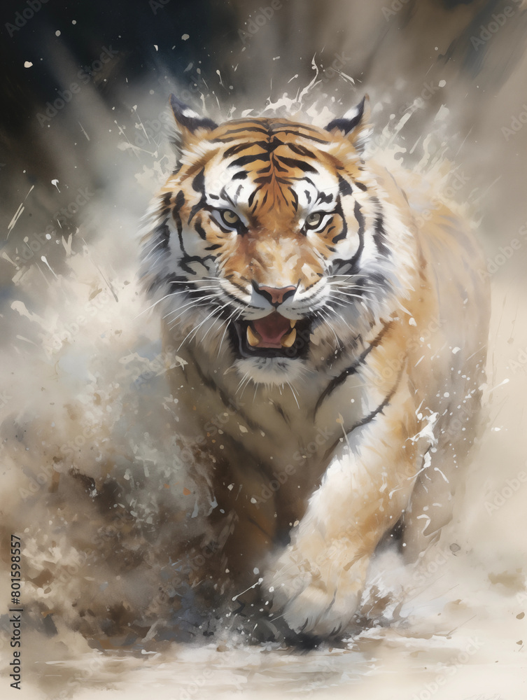 vibrant water color ink splashes full body tiger
