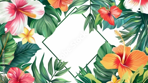 Colorful tropical flowers and leaves frame a white hexagonal space