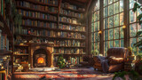 Immerse yourself in a cozy library with floor-to-ceiling bookshelves, a plush reading chair, and a warm fireplace creating a literary sanctuary.