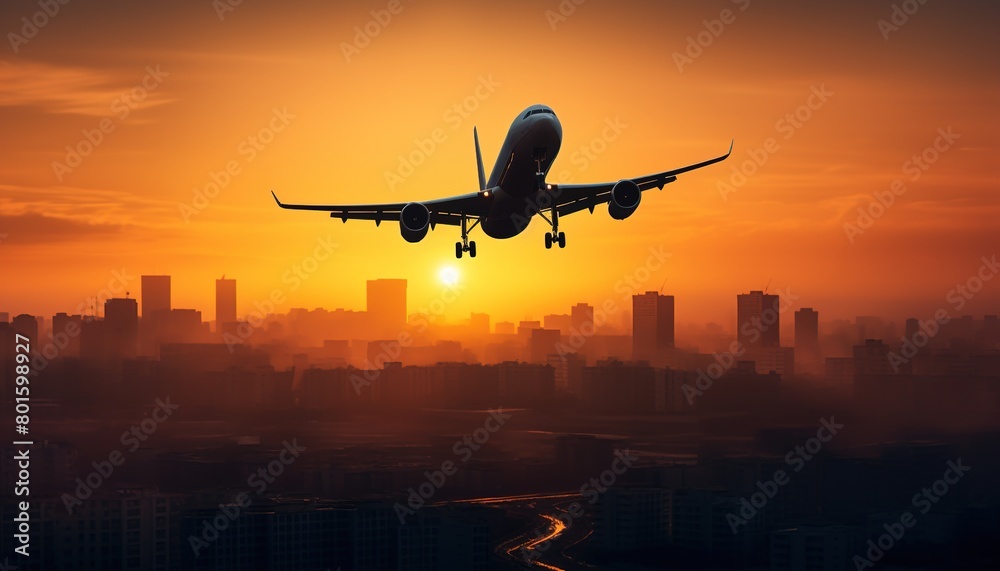 Airplane is flying in colorful sky over the city at night. Landscape with passenger airplane, skyline, purple sky with red and pink clouds. Aircraft is landing at sunset. Aerial view. Transport Airplane is flying in colorful sky over the city at night. Landscape with passenger airplane, skyline, purple sky with red and pink clouds. Aircraft is landing at sunset. Aerial view. Transport