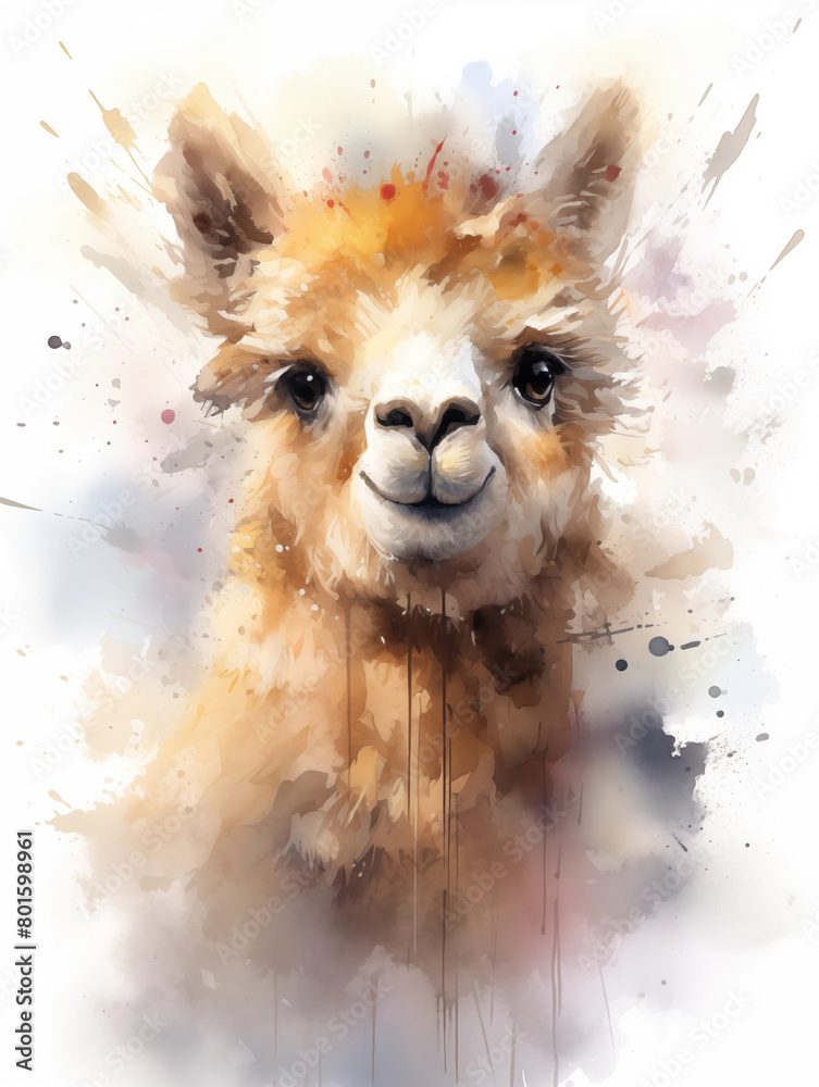 Naklejka premium Head Llama Watercolor illustration, white background
