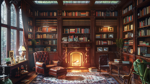 Immerse yourself in a cozy library with floor-to-ceiling bookshelves, a plush reading chair, and a warm fireplace creating a literary sanctuary. photo