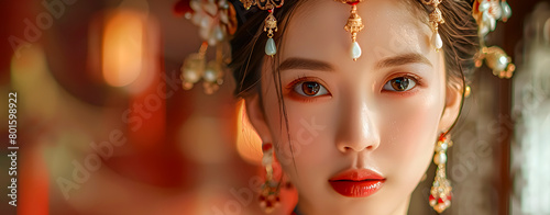 Beautiful chinese woman wearing an ornate headwear and ornate earrings