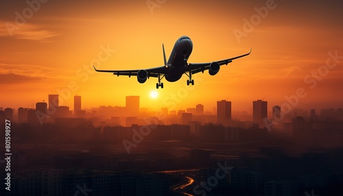 Airplane is flying in colorful sky over the city at night. Landscape with passenger airplane, skyline, purple sky with red and pink clouds. Aircraft is landing at sunset. Aerial view. Transport