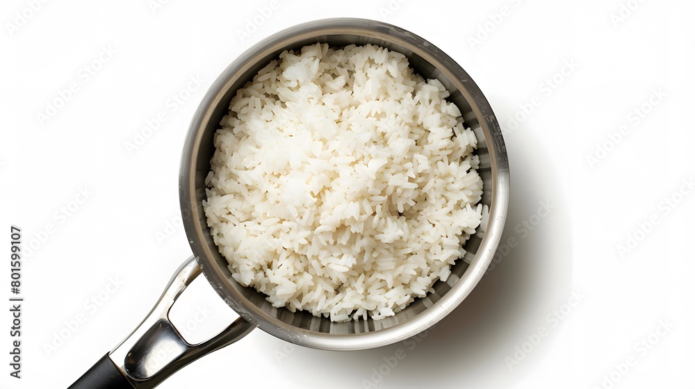 Top view shot capturing rice in a pan.