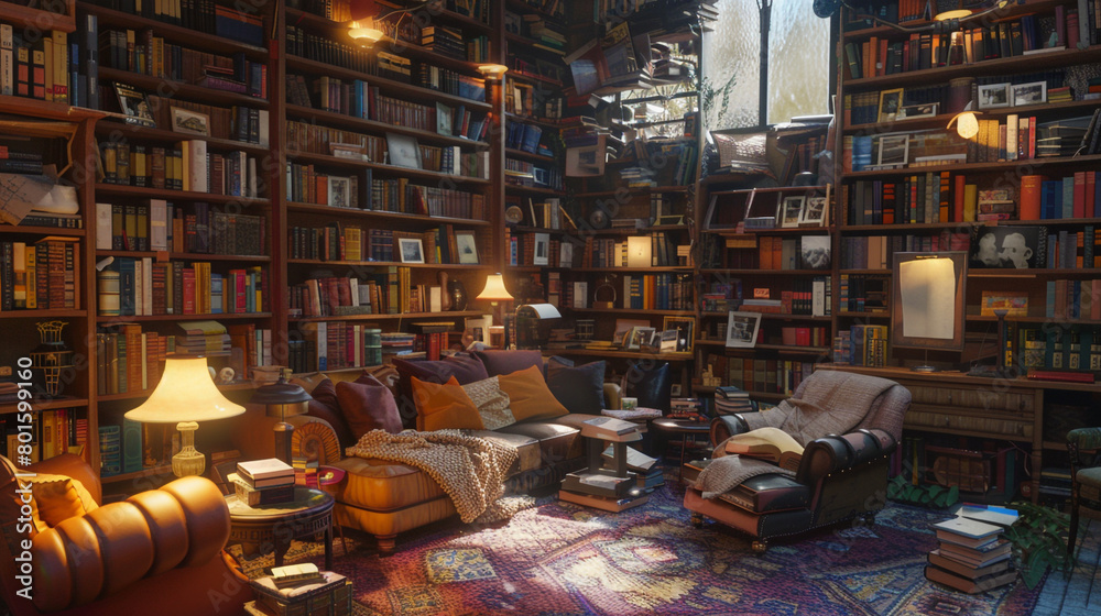 Immerse yourself in a whimsical living room where bookshelves twist and turn, creating a labyrinth of literary adventures.