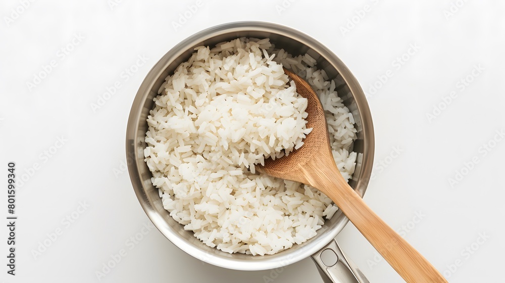 Top view shot capturing rice in a pan. Top view shot capturing rice in a pan.