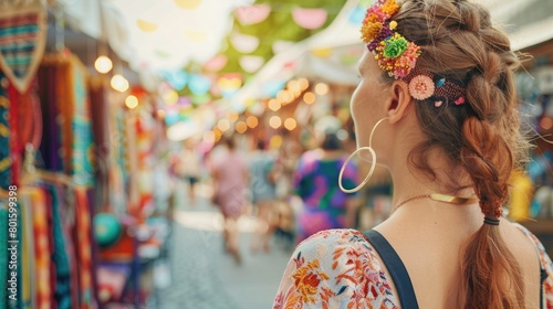 A woman adorned with earrings is enjoying the colorful display at a market in the city. Her fashion accessories add a touch of glamour to the vibrant event, attracting a crowd of onlookers AIG50