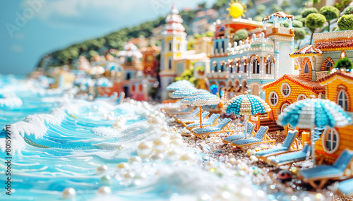  Artistic miniature of a seaside resort beach made of precious metals and stones,Generated by AI