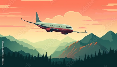 Jet airplane flying above snowy misty mountains sunset road landscape travel trip vacation flight © lidianureeva