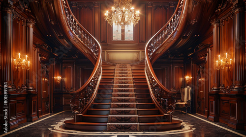 Indulge in the opulence of a grand foyer  where a sweeping staircase ascends towards a breathtaking chandelier  casting a warm glow over the richly paneled walls and ornate moldings.