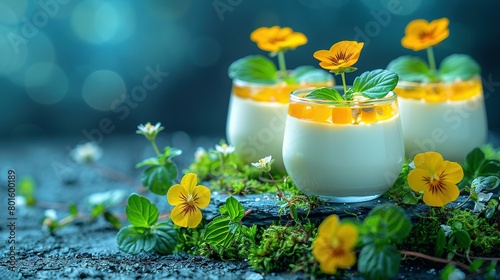  Three close-up desserts with flower growth