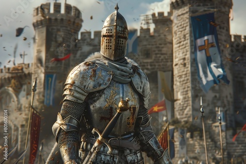 A noble knight stands valiantly in a medieval kingdom, adorned in gleaming armor, alone against the backdrop of castle walls