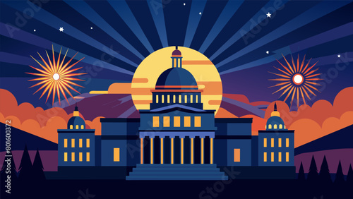 As the sun sets behind the state capitol the evening sky comes alive with a stunning fireworks show perfectly synchronized to a patriotic soundtrack.. Vector illustration