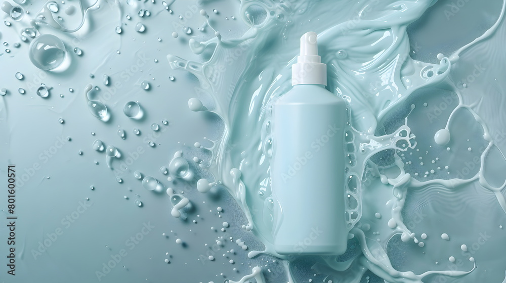 Simple liquid soap packaging mockup with dispenser, on a plain blue background, dynamic shot of water splashing, background image Simple liquid soap packaging mockup with dispenser, on a plain blue background, dynamic shot of water splashing, background image