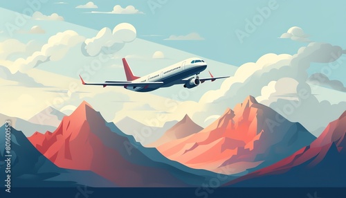 Jet airplane flying above snowy misty mountains sunset road landscape travel trip vacation flight