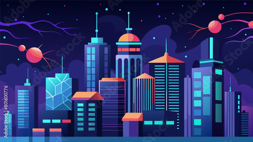 A cityscape with towering buildings featuring glowing neural pathways showcasing AI integration on a massive scale in the urban environment..