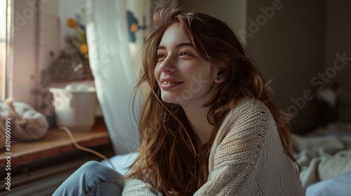 Smiling young woman sitting in bed and looks away