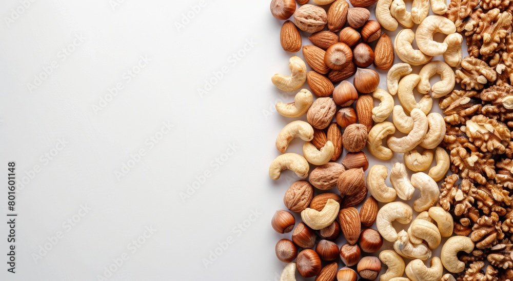 A close-up shot of various nuts, including cashews and walnuts, arranged in an intricate pattern on the right side of the frame. The background A close-up shot of various nuts, including cashews and walnuts, arranged in an intricate pattern on the right side of the frame. The background