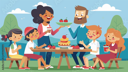 Laughter and friendly competition as families gather around picnic tables to tastetest each others strawberry shortcake recipes.. Vector illustration