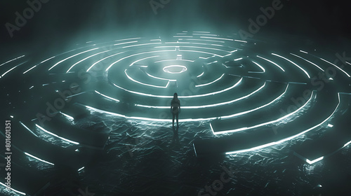 a person standing at the entrance of an intricately illuminated circular maze. The maze’s edges glow against a dark background