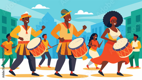 The rhythmic sounds of traditional African drum music leading a group of dancers through the streets in a vibrant parade invoking a sense of pride and. Vector illustration