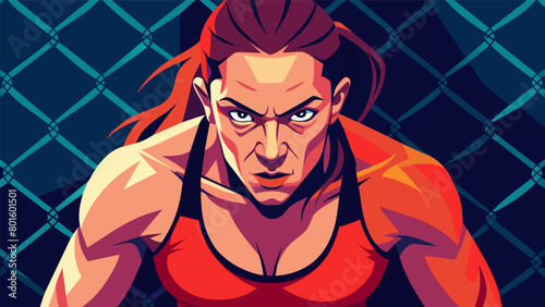 A fearless woman in the MMA cage her intense focus and determination evident as she prepares to take on her opponent.