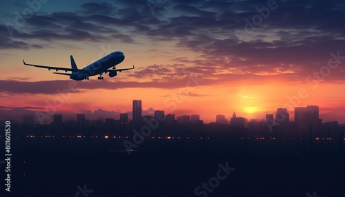 Airplane is flying in colorful sky over the city at night. Landscape with passenger airplane  skyline  purple sky with red and pink clouds. Aircraft is landing at sunset. Aerial view. Transport