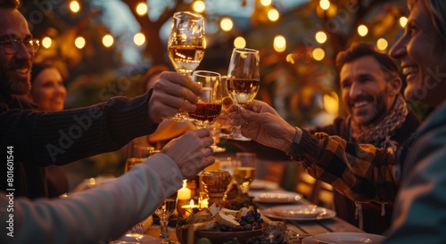 A group of friends toasting with glasses at an outdoor dining table, surrounded by plates and glasses filled with wine and food, laughing together in the warm glow of evening light. 