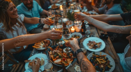 A group of friends toasting with glasses at an outdoor dining table, surrounded by plates and food. They are laughing together as they clink their wineglasses in celebration during the golden hour.  photo