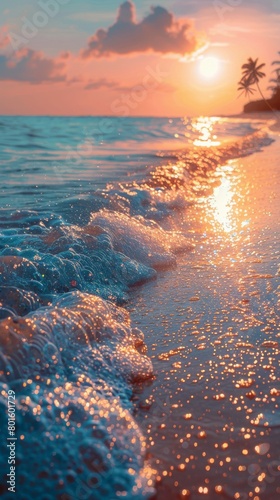 Sun Setting Over Ocean and Beach