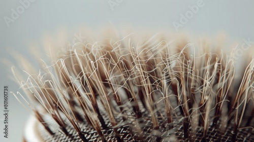 A hairbrush with thick, grayish brown hairs on it that look like thin human body hairs. The background is white and the brush appears to be in focus. There is some light on top of one side of its 