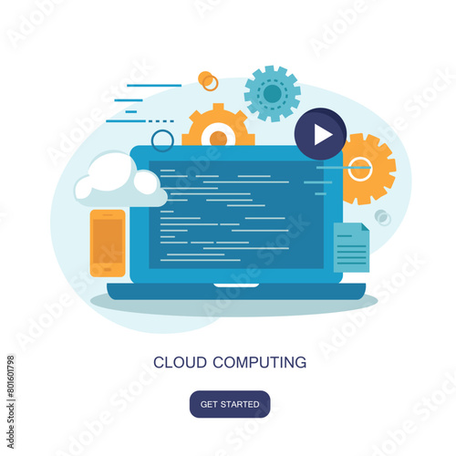 Cloud computing concept. Work desk with computer technology, cell phones and tablets. Flat vector illustration