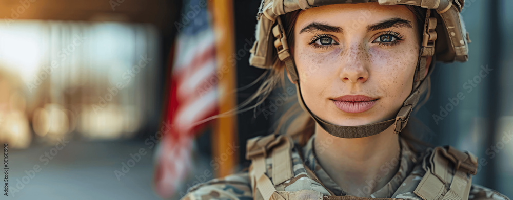 a female soldier standing in front of her house, wearing military uniform and helmet, Generative AI. a female soldier standing in front of her house, wearing military uniform and helmet, Generative AI.