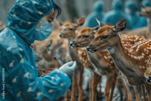 A health worker in a protective mask tries to see H5N6 deer viruses on deer in a street farm, Chinese photography style, photorealistic photography, real photos, high definition details, photo