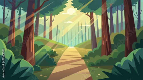 A tranquil forest trail with rays of sunlight shining through the trees representing the potential of nature and outdoor activities to alleviate.