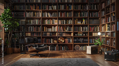Step into a vinyl-inspired reading corner, floor-to-ceiling bookshelves interspersed with LPs, a single plush armchair inviting literary escapades. photo