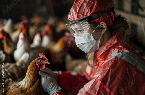 A health worker in protective gear and mask is inspecting chickens at a farm, to make sure they do not have H5N1 avian influenza. The photograph has an eerie and scary style. photo